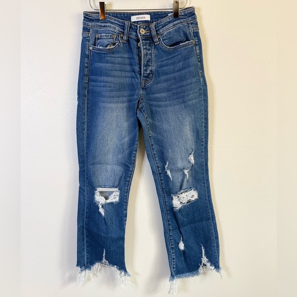 Zenana Outfitters Denim - Zenana Distressed Straight Leg Jeans High Rise Raw Hem Size 26